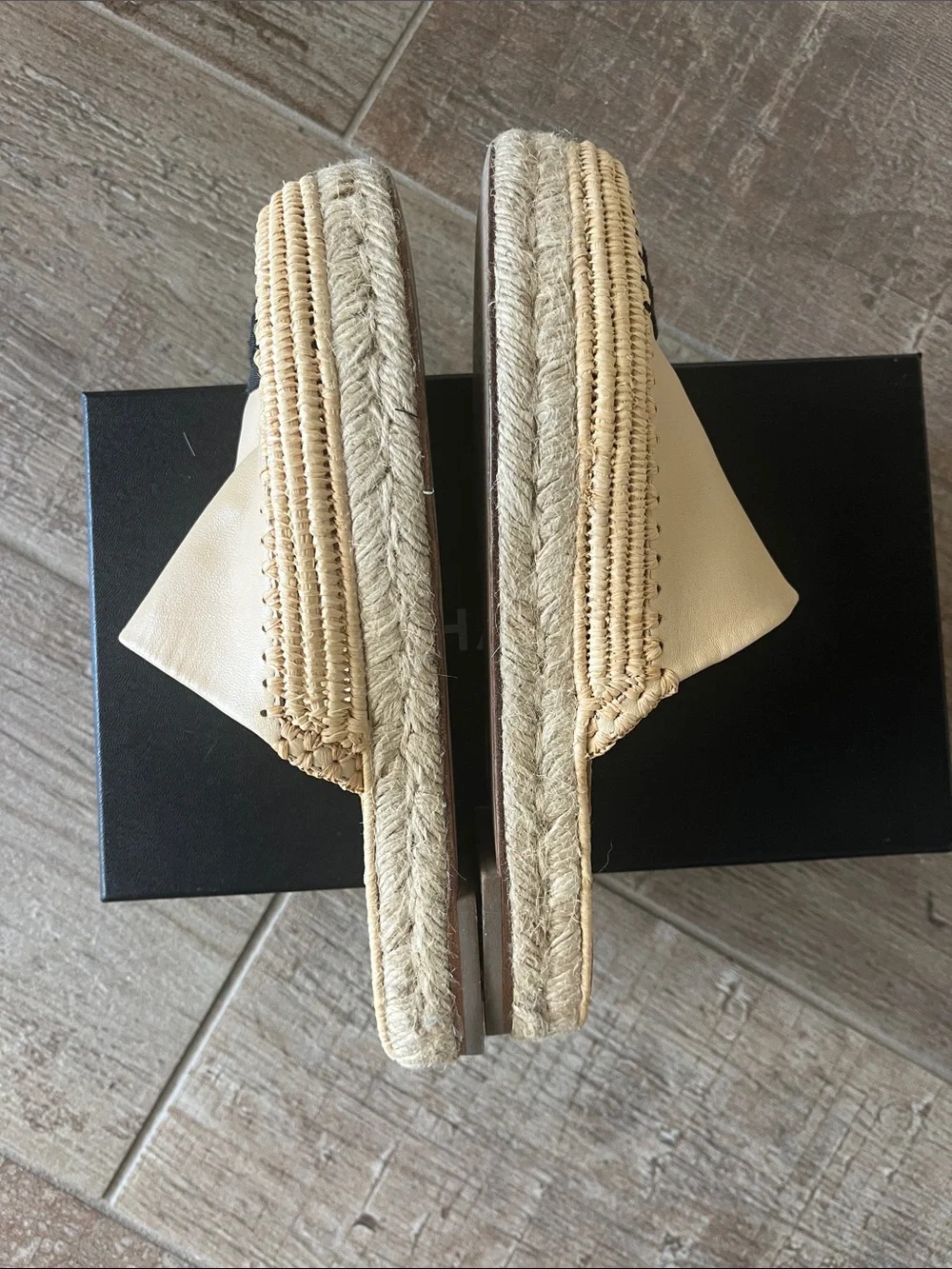 CHANEL Beige Leather Espadrille Mule with Black Cap Toe